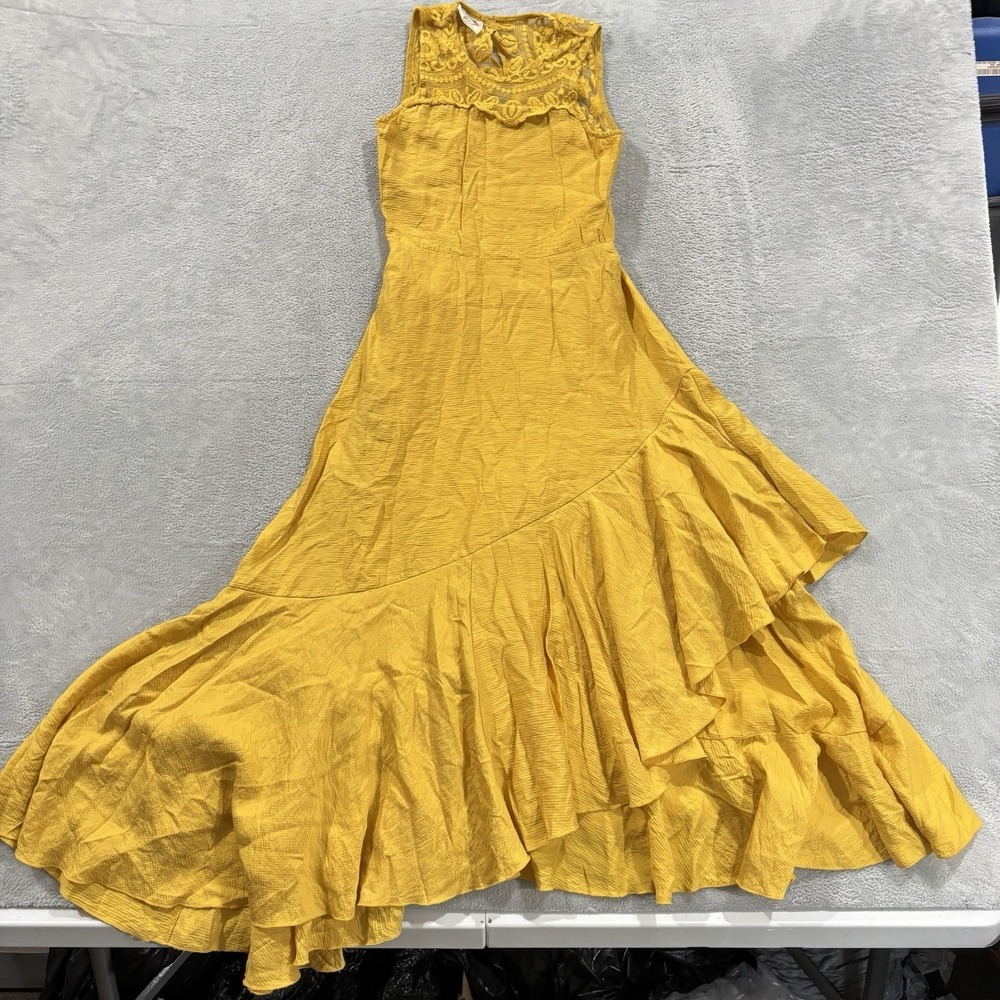 Mia Joy Folie Dress Women 12 Yellow Maxi Ruffle Asymetrical Boho Lagenlook Lace
